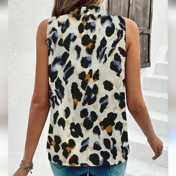 5/$55 Ruffle Neck, Sleeveless, Cream & Black Blue Rust Animal Print Blouse, S - Picture 3 of 9